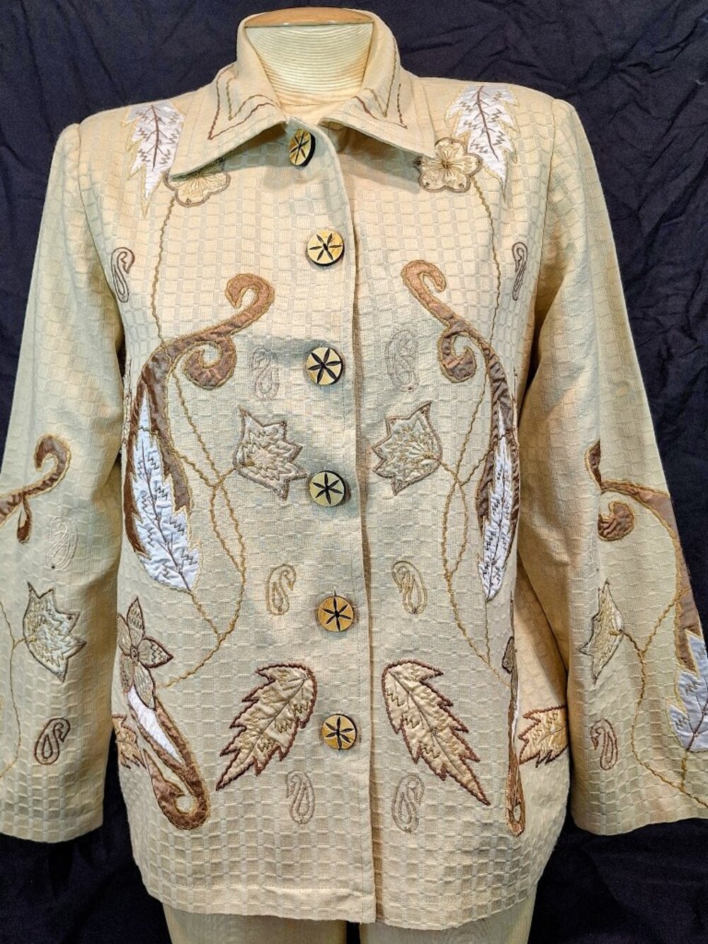 Indigo Moon Embroidered Jacket Beige Leaves and Flowers Beaded Accents Size S